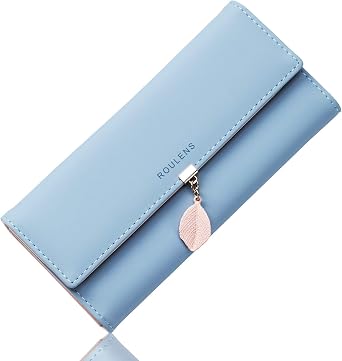 Roulens Portafoglio da donna in pelle sintetica con blocco RFID, portafoglio con bottoni a pressione a forma di foglia