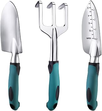 FANHAO Set Attrezzi da Giardino 3 Pezzi, Utensili Manuali, Ergonomica | Include cazzuola, paletta e rastrello, strumenti resistenti, Ideale per compleanno, vacanze, San Valentino, anniversario
