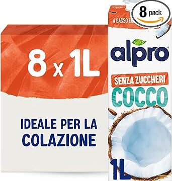 ALPRO SENZA ZUCCHERI, Bevanda Al COCCO – 8X1L | NATURALMENTE SENZA LATTOSIO E 100% VEGETALE, Senza Glutine, con Vitamine B2, B12, D2, E