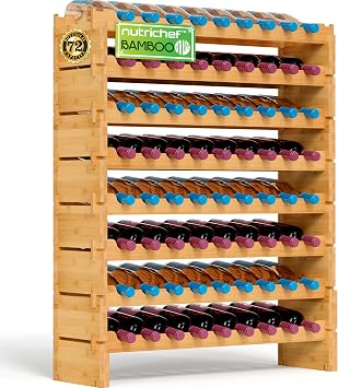 NutriChef Cantinetta Vino 72 Bottiglie, 8 Ripiani, 85 x 25 x 107 Centimetri, Scaffale Autoportante in Legno di Bambù Naturale per Cucina e Cantina