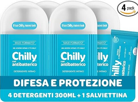 Chilly, Detergente Intimo con Antibatterico, con Azione di Difesa e Protezione, Fragranza di Timo e Salvia, PH 5, Clinicamente Testato, Confezione da 4 Flaconi da 300ml
