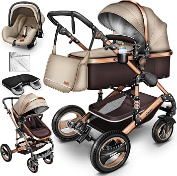 KIDUKU® 3 in 1 Passeggino Completo Trio | Passeggino Sistema Combinato con Navicella Ovetto Seggiolino Auto Coprigambe | Pneumatici in Gomma Dura Borsa Fasciatoio Tavolo per Bambini ECE R129