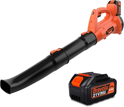 Soffiatore a Batteria, Bravolu 21V Soffiatore Foglie Elettrico, con Batteria da 4,0 Ah e Caricabatteria, Velocità Aria Max Regolabile 240 km/h, 20000 RPM con 6 Velocità Regolabili, Ugelli a 2 Sezioni
