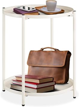 tectake® Tavolino da Salotto in Metallo, Rotondo, Ø 45,5 x 53 cm, 2 Livelli | Vassoi Rimovibili, Bordo Protettivo, Carico 30 kg, Piedini Regolabili, Facile da pulire, Design Rustico, Soggiorno, Crema