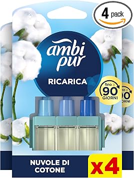 Ambi Pur 3Volution Ricarica Profumatore Elettrico, 4 Ricariche, Cotone | Deodorante per Casa, Durata Fino a 90 Giorni per Ricarica, Tecnologia per Catturare ed Eliminare Gli Odori, Dona Freschezza