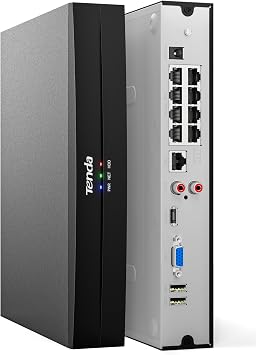 Tenda TN3108-8P NVR Sistema di Sorveglianza 4K, Trasmissione 250m, H.265+, Plug&Play, Supporto HDD fino a 10 TB (non incluso)/Archiviazione Cloud, Protezione Fulmini 4KV, App Controllo Remoto