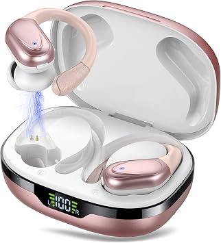 CASCHO Cuffie Bluetooth, Auricolari Bluetooth 5.3 con Gancio per Orecchio, 60H con Indicatore LED per Cassa di Ricarica, Chiamata ENC HD, Vestibilità Comoda, Basso Profondo, IPX7 Impermeabile(Rosa)