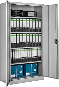 tectake® Armadio Porte Battenti, 180x80x40 cm, con 2 Ante e 5 Ripiani, Mobile con Serratura Chiave, Armadietto Portadocumenti e Faldoni per Ufficio in Metallo, Mobili Ufficio, Archivio – Grigio