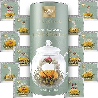Teabloom Tè in Fiore – 12 Pregiate Varietà di Fiori di Tè – Foglie di Tè Verde e Fiori Commestibili Intrecciati a Mano – Elegante Confezione Regalo da 12 Pezzi