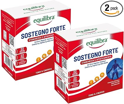 Equilibra Sostegno Forte con Creatina e Arginina, 2×22 Bustine Monodose | con Vitamine C e B1, per Incrementare le Prestazioni Fisiche, con Succo Concentrato di Arancio, Pratico Formato Monodose
