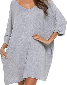 Bresdk Camicia da Notte Donna Cotone Modal Morbida Camicie da Notte Manica 3/4 Scollo a V Eleganti Taglie Forti Vestiti Premaman con Tasche