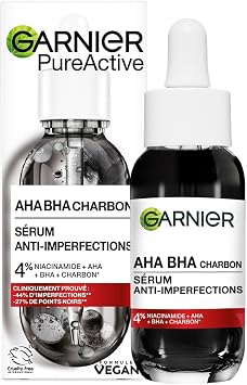 Garnier Siero Anti-imperfezioni, Per Pelle Grassa, Impura e Mista,Contrasta Punti Neri e Brufoli, Formula Vegana* con 4% [Niacinamide + AHA + BHA], Siero Pure Active AHA+BHA con Carbone, 30 ml