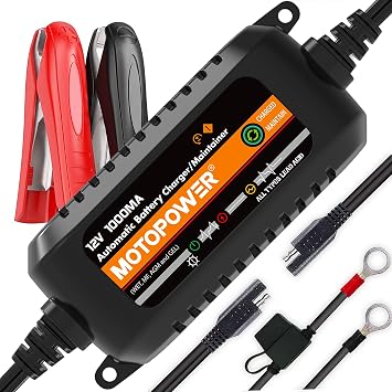MOTOPOWER MP00205B 12V 1000mA Caricabatterie Automatico per Auto, Moto, ATV e Altro – Nero