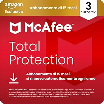 McAfee Total Protection – 3 Dispositiv 2026, 15 mesi, Esclusiva Amazon | Antivirus, VPN gestore delle password, software di sicurezza| Abbonamento con rinnovo automatico, Scarica