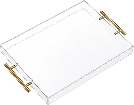 Vassoio in acrilico con manico in oro, vassoio da cucina, vassoio di servizio, vassoio per la colazione, tavolino da caffè, tavolino da caffè, vassoio decorativo (40 x 30 x 5 cm)