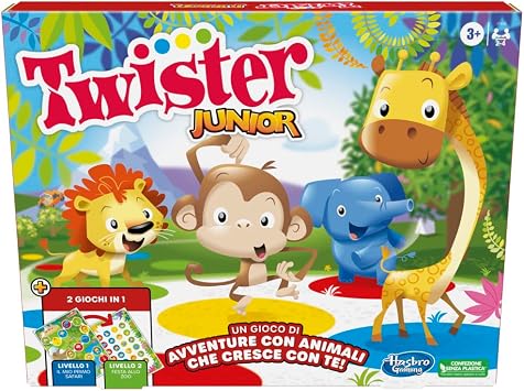 Hasbro Gaming Twister Junior, Gioco da Tavolo con Tappetino Fronte-Retro, 2 in 1, Multiplayer 2 a 4 Giocatori, Giochi Classici per Festa in Famiglia per Bambini e Bambine da 3 Anni
