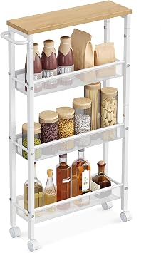 VASAGLE Carrello Cucina Salvaspazio a 4 Ripiani, 45,4 x 13 x 77 cm | Scaffale Stretto con Ruote in Acciaio e Legno, Organizer Bagno, Rovere Dorato e Bianco Opaco, Collezione DACEY LRC032W09