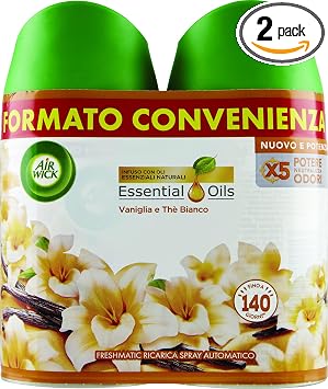 Airwick Freshmatic Profumatore per Ambienti, 2 Ricariche Spray Automatico, Fragranza Vanilgia e Thè Bianco, Profumo da 250 ml