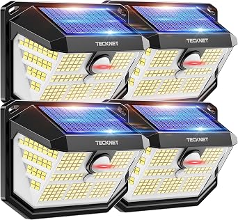 TECKNET Luci Solari Esterno, 231 Faretti Solari a Led da Esterno, 300° Super Luminoso, 3 Modalità con Sensore di Movimento, Lampada da Parete Impermeabile IP65 per Giardino, Patio e Garage – 4 Pezzi