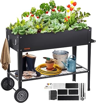 VEVOR Fioriera Rialzata da Giardino Esterno con Ripiano Zincato 108 x 49,5 x 80 cm per Coltivazione di Piante Orto Erbe, Orto Rialzato con Ripiano Ruote da Esterno Aiuola Sopraelevata Piante Ortaggi
