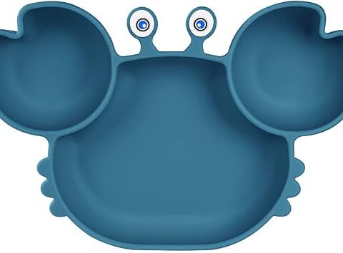 Vicloon Piatto per Bambini in Silicone, Piatto con Ventosa, Svezzamento senza BPA, Piatti Divisi per Bambini Adatto alla Maggior Parte dei Tavoli e Seggioloni, Blu Navy
