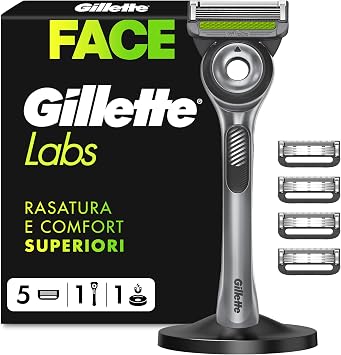 Gillette Labs Rasoio Barba Manuale con Barra Integrata, 1 Manico, 5 Lamette Gillette di Ricambio, con Base Magnetica, Grigio, Rasoio Barba e Lamette di Ricambio