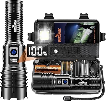 Shadowhawk Torcia LED Potente Professionale Ricaricabile 1000000 Lumens | USB Ricaricabile, XHM77.2, IP67, 5 Modi,Zoom, Torcia Tattica Militare, Alta Potenza, per Campeggio, Trekking, Emergenza