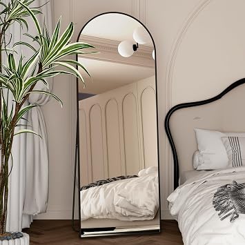 NEUWEABY Specchio a figura intera 162 x 53 cm, specchio da pavimento ad arco con supporto, specchio a tutto corpo dorato appeso o appoggiato alla parete per ingresso camera da letto, Nero