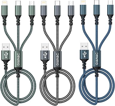 Multi Cavo di Ricarica [3pack 1.2M]3 in 1 Multiplo Cavetto Ricarica Rapida | Multi Cavo di Ricarica Cavetto con Micro USB Tipo C Lightning interfaccia Cavo USB per Samsung iPhone Huawei Redmi LG PS5