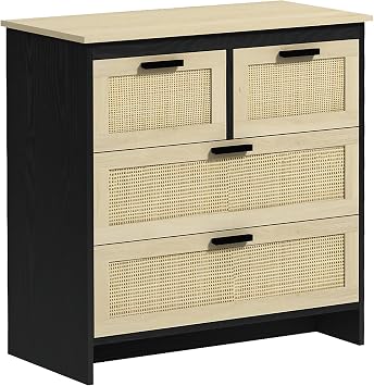 HOMCOM Cassettiera 4 Cassetti Rattan 80x38x80 cm Nero e Color Legno | in Truciolato, per Soggiorno, per Camera da Letto