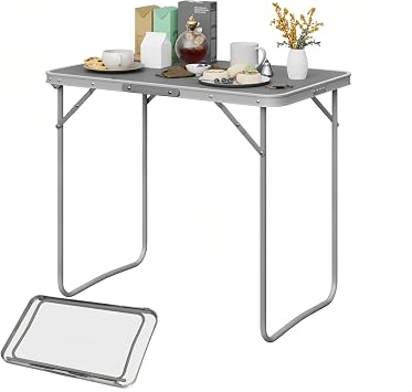 eSituro Tavolo Campeggio con Maniglia in Gomma,80x50x70 cm,Grigio | Tavolino Pieghevole in Alluminio e MDF, Carico 20 kg, per Balcone Campeggio Giardino