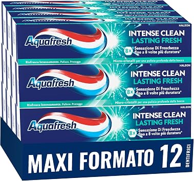 Aquafresh Intense Clean Lasting Fresh Dentifricio, Menta Fresca, 12×75 ml | Freschezza e Pulizia