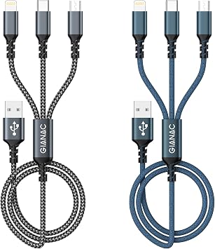 Cavo di ricarica multiplo [2 confezioni da 1,2 m] 3 in 1, cavo USB multiplo in nylon intrecciato con connettore micro USB tipo C Lightning per iPhone, Android, Samsung, Huawei, Nexus, Nokia, LG, Sony