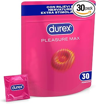 Durex Pleasuremax, Preservativi con Rilievi e Nervature, Formato Convenienza, Confezione Riciclabile Salvaspazio, 30 Profilattici