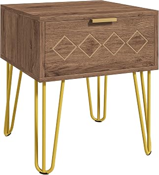 HOMCOM Comodini Moderni con Cassetto Set 2 39.5x41x49 cm Marrone e Oro | Comodini Camera da Letto, Salotto, in Truciolato e Acciaio