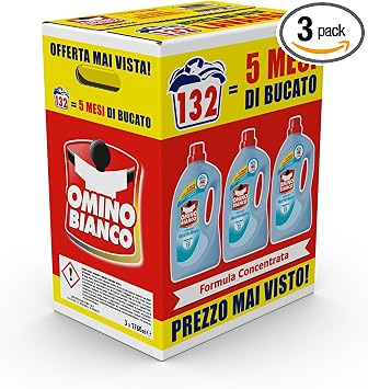 Omino Bianco Detersivo Lavatrice, Muschio Bianco, 132 Lavaggi, 1760 ml x 3 | Pulisce in profondità, rimuove le macchie, dona un fresco profumo che dura a lungo, rispetta colori e tessuti