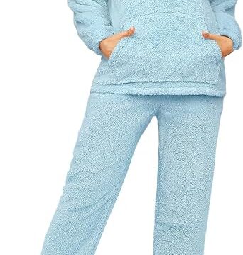 Tuopuda Pigiama Donna Invernale Pigiami Due Pezzi, Pigiama Pile da Casa con Tasche Zip Felpa Manica Lunga e Pantalone Lungo, Indumenti da Notte Sleepwear