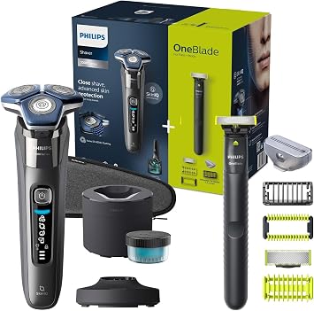 Philips Shaver Series 7000 – Rasoio elettrico Wet & Dry con tecnologia SkinIQ cromato scuro con rifinitore a scomparsa, Quick Clean Pod e cartuccia, OneBlade Philips (modelli S7887/78 e QI1864/20)