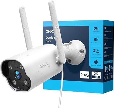 GNCC GT1Pro Telecamera WiFi Esterno 2K Fissa, Videocamera Sorveglianza IP65 | 2,4 GHz, Rilevamento Movimento, Audio Bidirezionale, Notifica APP, Cavo 3m, Plug-in, Scheda SD o Cloud a Pagamento, Sirena
