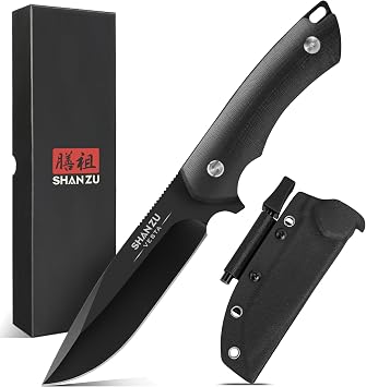 SHAN ZU Coltello da Sopravvivenza D2 11cm Nero con Fodero Kydex e Acciarino | Lama Fissa, Impugnatura Ergonomica Antiscivolo per Campeggio, Caccia, Outdoor, Affilatura Precisa, Compatto e Resistente