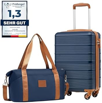 COOLIFE Valigetta per cabina Ryanair, 55 x 35 x 20 cm, leggera, con serratura TSA e 4 ruote spinner, blu/marrone, 55X35X20cm -Set 2tlg, Valigetta per cabina