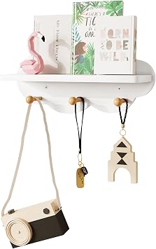 WOLTU Mensola a Nuvola, Mensola per Cameretta dei Bambini con 3 Ganci, Scaffale da Muro Portaoggetti per Bimbi, Decorazione da Parete in Legno, 36×20,5x12cm, Colore Bianco