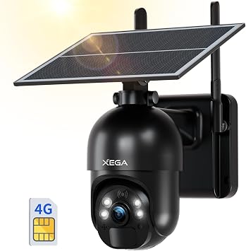 Xega 4G LTE Telecamera Solare Esterno con SIM Scheda 2K HD PTZ Senza Fili | 355°/95°Telecamere con Pannello Solare Batterie Visione Notturna Rilevamento del Movimento Audio Bidirezionale Rotazione