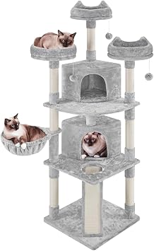 Yaheetech Albero Tiragraffi per Gatti 193 cm con 3 Posatoi Condomini Palle Cestino 7 Corde di Sisal Tiragraffi Gioco Giocattolo Grigio Chiaro