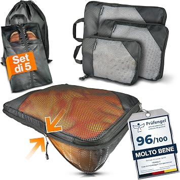 TRAVELY Packing cubes compression – Set da 5 pezzi – organizer valigia compressione – organizer zaino viaggio – organizer valigia compressione – travel organizer