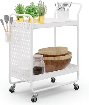 KLARSTEIN Carrello Cucina – Carrello Portavivande in Metallo con Ruote, 2 Ripiani 15kg, Cestini & Ganci, Mobile per Cucina, Bagno & Soggiorno, Bianco