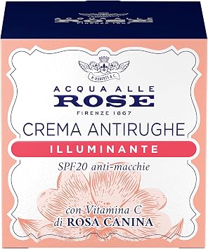 Acqua alle Rose, Crema Viso Antirughe Illuminante con Vitamina C di Rosa Canina, Ideale per le Pelli Spente o Opache, Azione Antiossidante, Antimacchie e Illuminante, con SPF20 – 50 ml