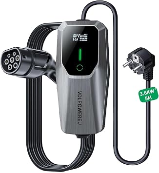 VDLPOWEREU Cavo Ricarica Auto Elettrica, 3,6 KW EV Caricatore Tipo 2, 5m Caricabatterie Elettrico per Auto, 6-16 A con Spina EU Schuko, Wallbox Terminale di Ricarica monofase IP65 (IEC 62196-2)