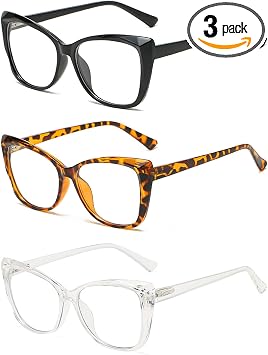 KoKoBin 3 confezioni di occhiali da lettura con Occhio di Gatto, eleganti occhiali dalla montatura grande, comodi occhiali blu a prova di luce (Nero, leopardo, trasparente, +1.5)