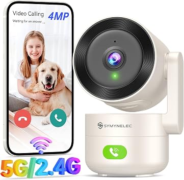 SYMYNELEC 5GHz/2,4GHz Telecamera WiFi da Interno 2K 4MP, Rotazione 360° | Rilevamento Movimento, Visione Notturna, Chiamata con un Tocco, Audio Bidirezionale, Bambini/Animali, Compatibile con Alexa